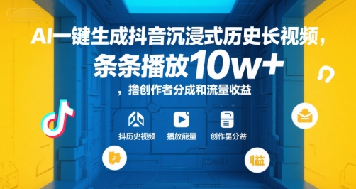 AI一键生成抖音沉浸式历史长视频，条条播放10w+，撸创作者分成和流量收益【揭秘】-轻创终点站