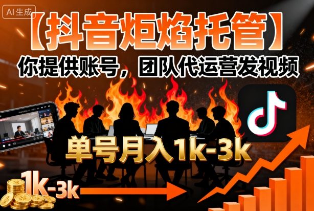 【抖音炬焰托管】你提供账号，团队代运营发视频，单号月入1k+【揭秘】-轻创终点站