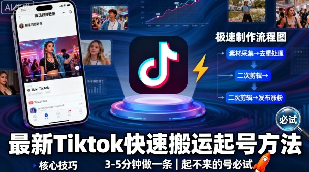 最新Tiktok快速搬运快速起号方法，3-5分钟做一条，起不来的号可以试试-轻创终点站