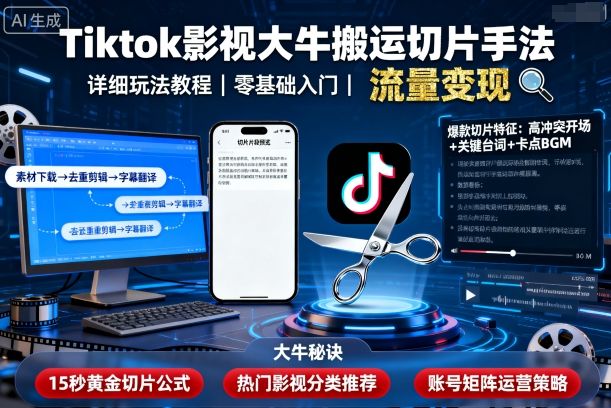 Tiktok影视大牛搬运切片手法，详细玩法教程-轻创终点站