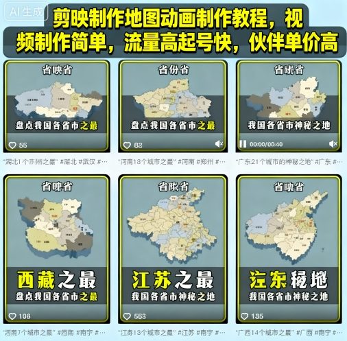 剪映制作地图动画制作教程，视频制作简单，流量高起号快，伙伴单价高-轻创终点站
