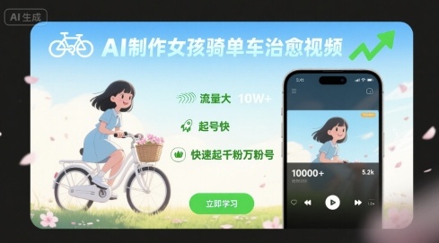AI制作女孩骑单车治愈视频，流量大，起号快，快速起千粉万粉号-轻创终点站