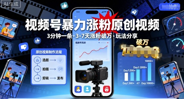 视频号暴力涨粉原创视频，3分钟一条原创视频，3-7天涨粉破万，玩法分享给你-轻创终点站
