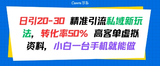 日引 20-30 精准引流私域新玩法，转化率50% 高客单虚拟资料，小白一台手机就能做-轻创终点站