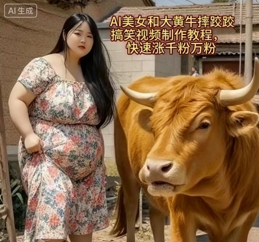 AI美女和大黄牛摔跤搞笑荒诞视频制作教程，快速涨千粉万粉-轻创终点站