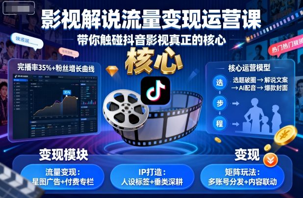 影视解说流量变现运营课，带你触碰抖音影视真正的核心-轻创终点站