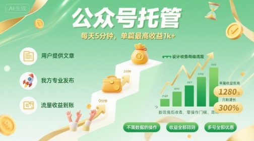【公众号托管 】我提供文章，你发布，每天5分钟，单篇最高收益1k+【揭秘】-轻创终点站