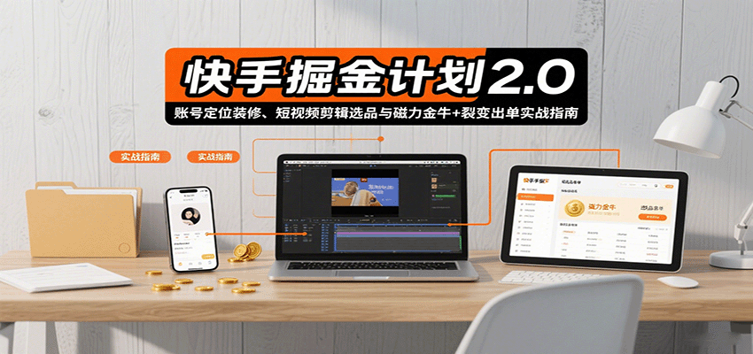 快手掘金计划2.0，账号定位装修、短视频剪辑选品与磁力金牛+裂变出单实战指南-轻创终点站