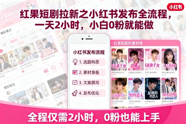红果短剧拉新之小红书发布全流程，一天2小时，小白0粉就能做-轻创终点站