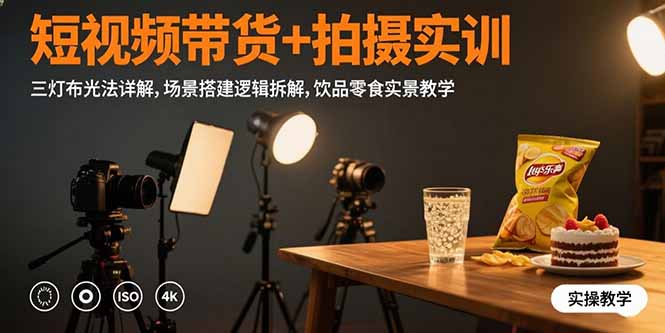 短视频带货+拍摄实训：三灯布光法详解,场景搭建逻辑拆解,饮品零食实景教学-轻创终点站