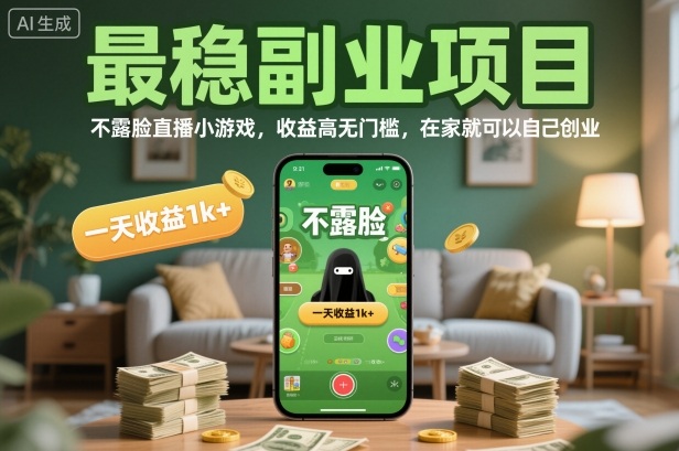 最稳副业项目，不露脸直播小游戏，收益高无门槛，一天收益1k+，在家就可以自己创业【揭秘】-轻创终点站