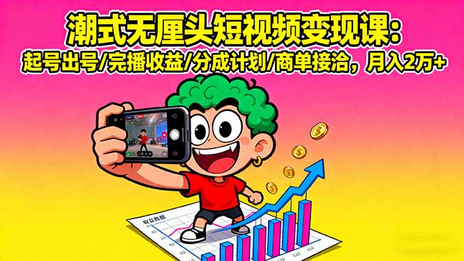 潮式无厘头短视频变现课：起号出号/完播收益/分成计划/商单接洽，月入2万+-轻创终点站