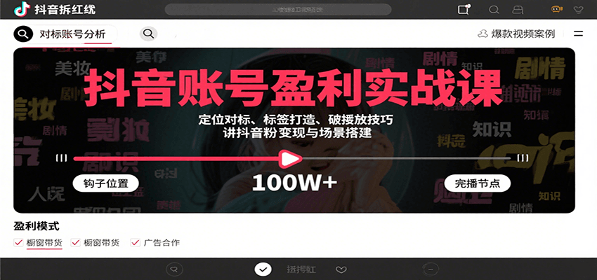 抖音账号盈利实战课，定位对标、标签打造、破播放技巧，讲涨粉变现与场景搭建-轻创终点站