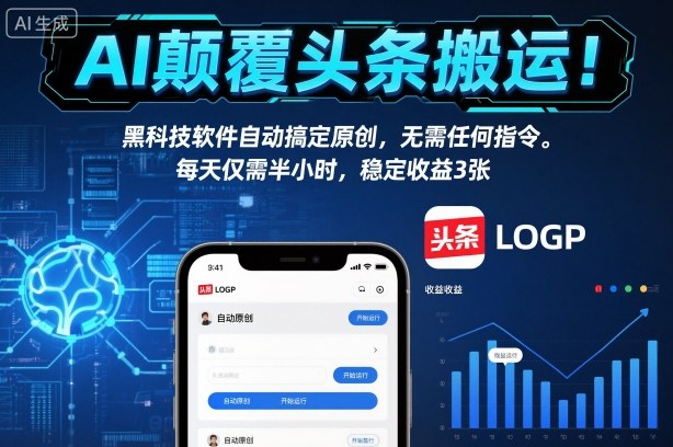AI颠覆头条搬运！黑科技软件自动搞定原创，无需任何指令。每天仅需半小时，稳定收益3张【揭秘】-轻创终点站