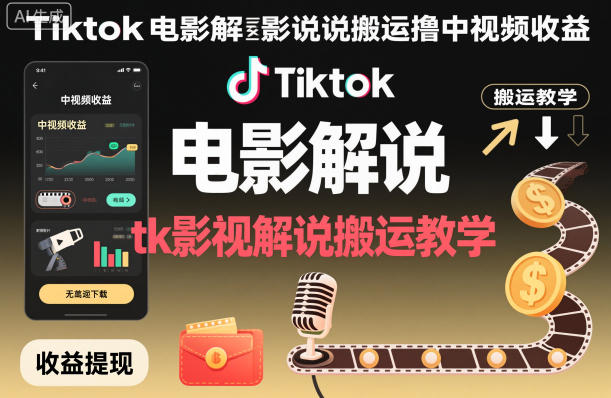 Tiktok电影解说搬运撸中视频收益，tk影视解说搬运教学-轻创终点站