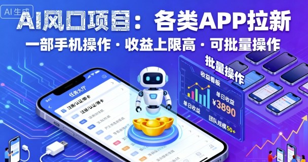 AI风口项目，各类APP拉新，一部手机就可以操作，收益上限高，可批量操作-轻创终点站