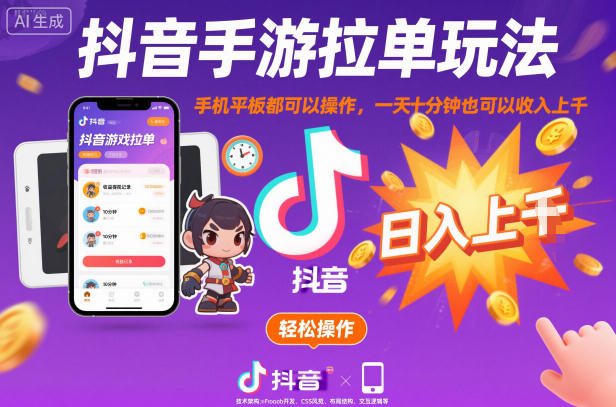 抖音手游拉单玩法，手机平板都可以操作，一天十分钟也可以收入上K【揭秘】-轻创终点站