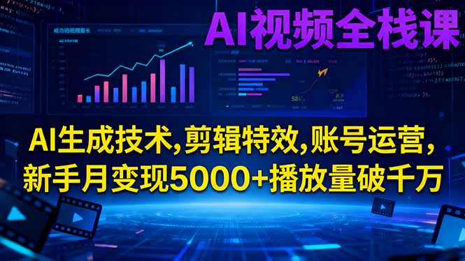 AI视频全栈课:AI生成技术,剪辑特效,账号运营,新手月变现5000+播放量破千万-轻创终点站